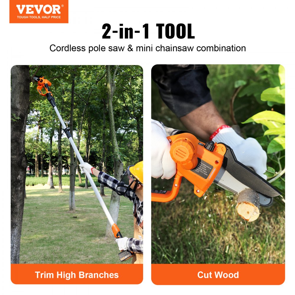 VEVOR 2-in-1 Cordless Pole Saw & Mini Chainsaw, 20V 4Ah Battery Pole Chainsaw, 5