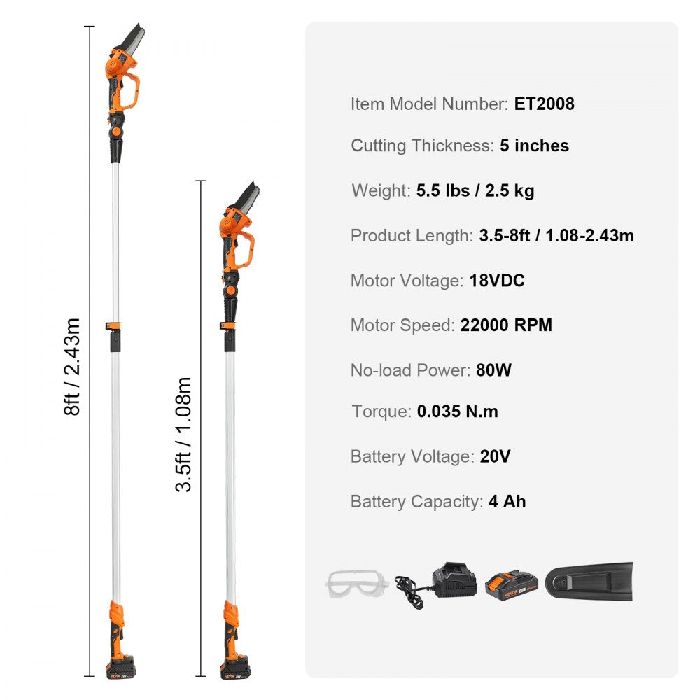 VEVOR 2-in-1 Cordless Pole Saw & Mini Chainsaw, 20V 4Ah Battery Pole Chainsaw, 5