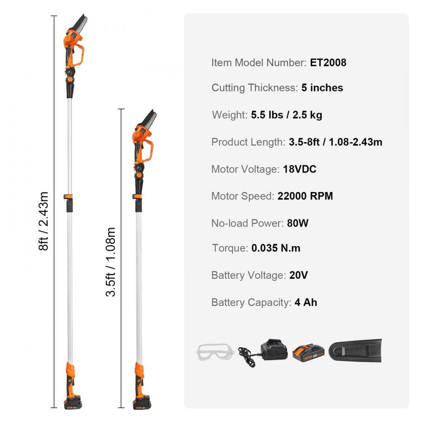 VEVOR 2-in-1 Cordless Pole Saw & Mini Chainsaw, 20V 4Ah Battery Pole Chainsaw, 5