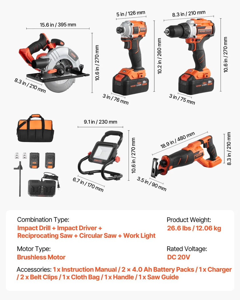 VEVOR Tool Combo Kit 20V Max Brushless 5-Tool Cordless Power Tool Combo Kit