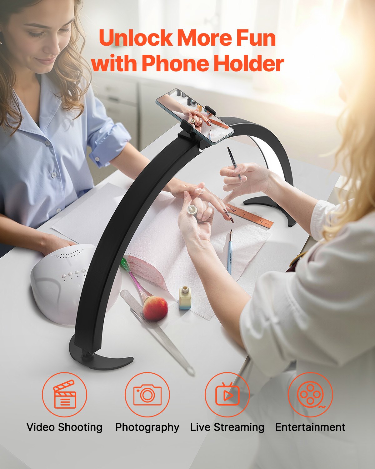 Nail Desk Light 40 W Half Moon Desk Lamp with Phone Holder Adjustable Brightness
