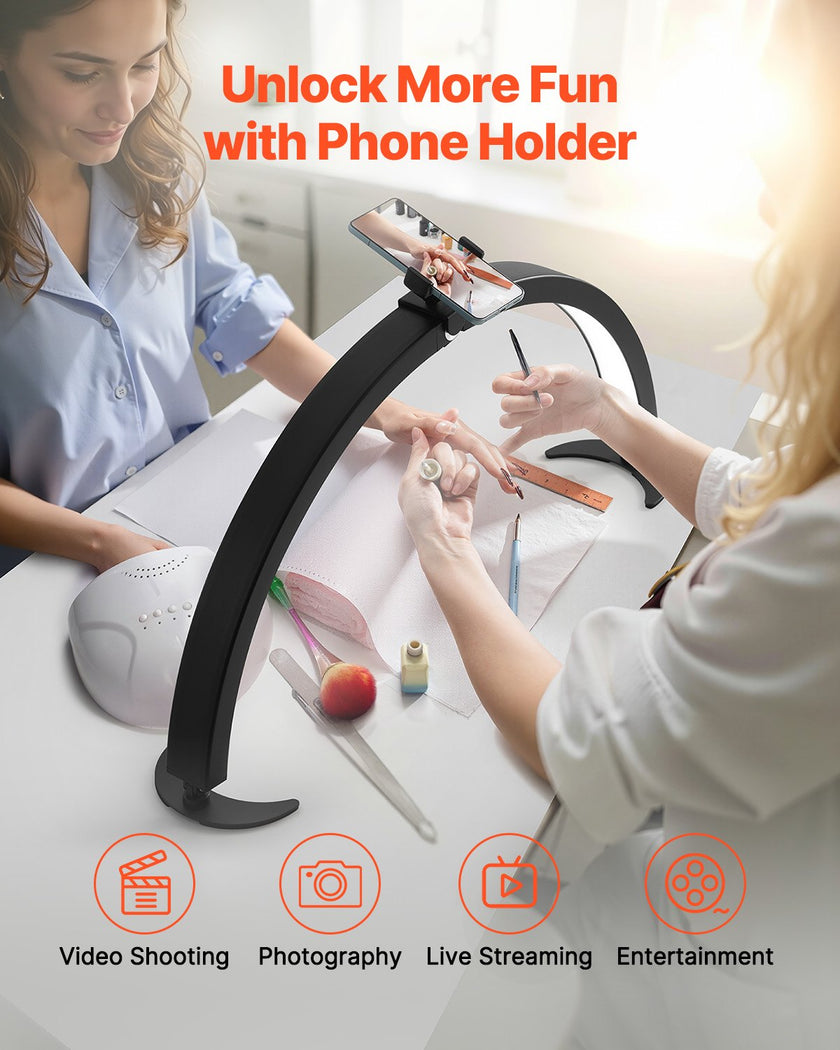 Nail Desk Light 40 W Half Moon Desk Lamp with Phone Holder Adjustable Brightness