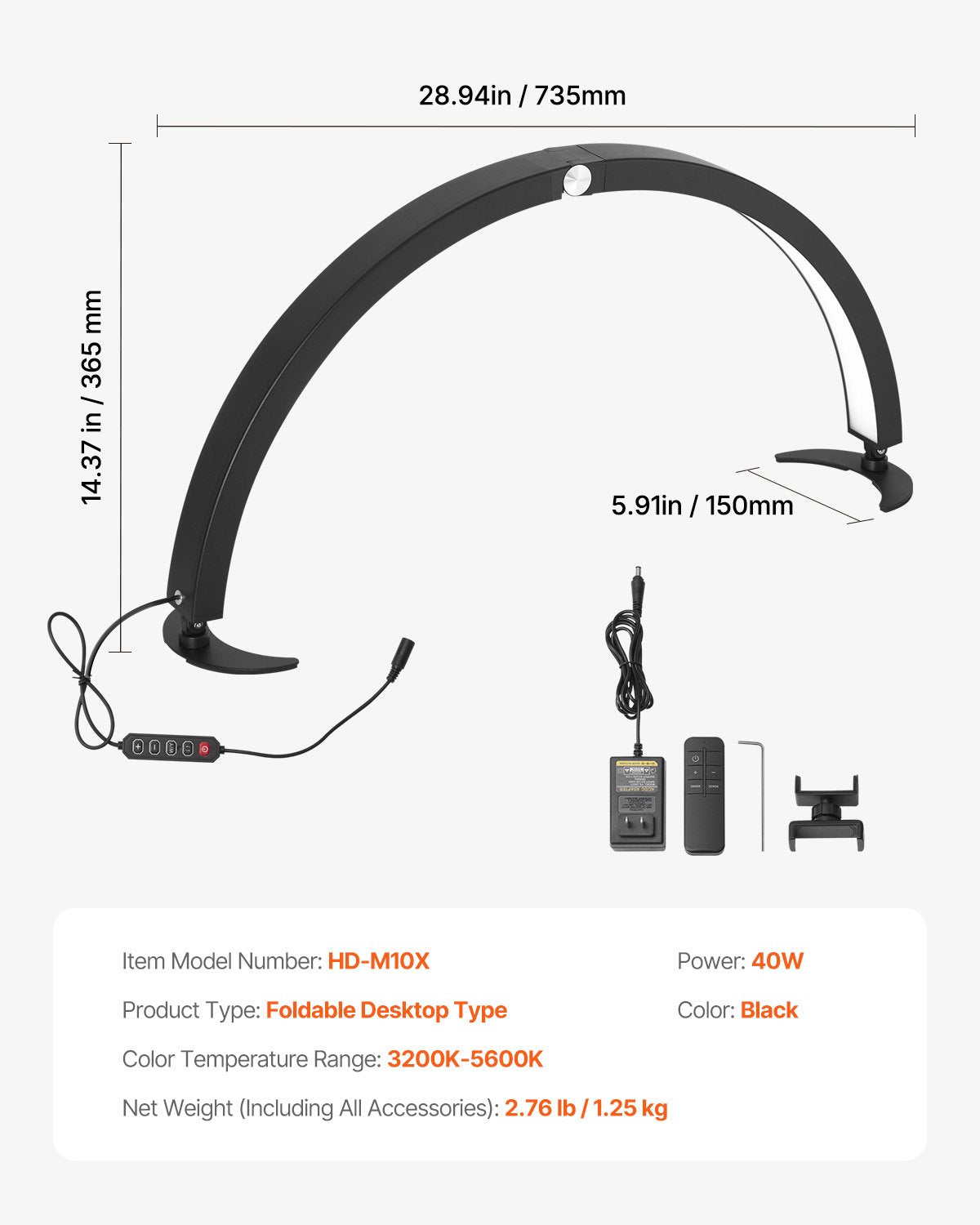 Nail Desk Light 40 W Half Moon Desk Lamp with Phone Holder Adjustable Brightness