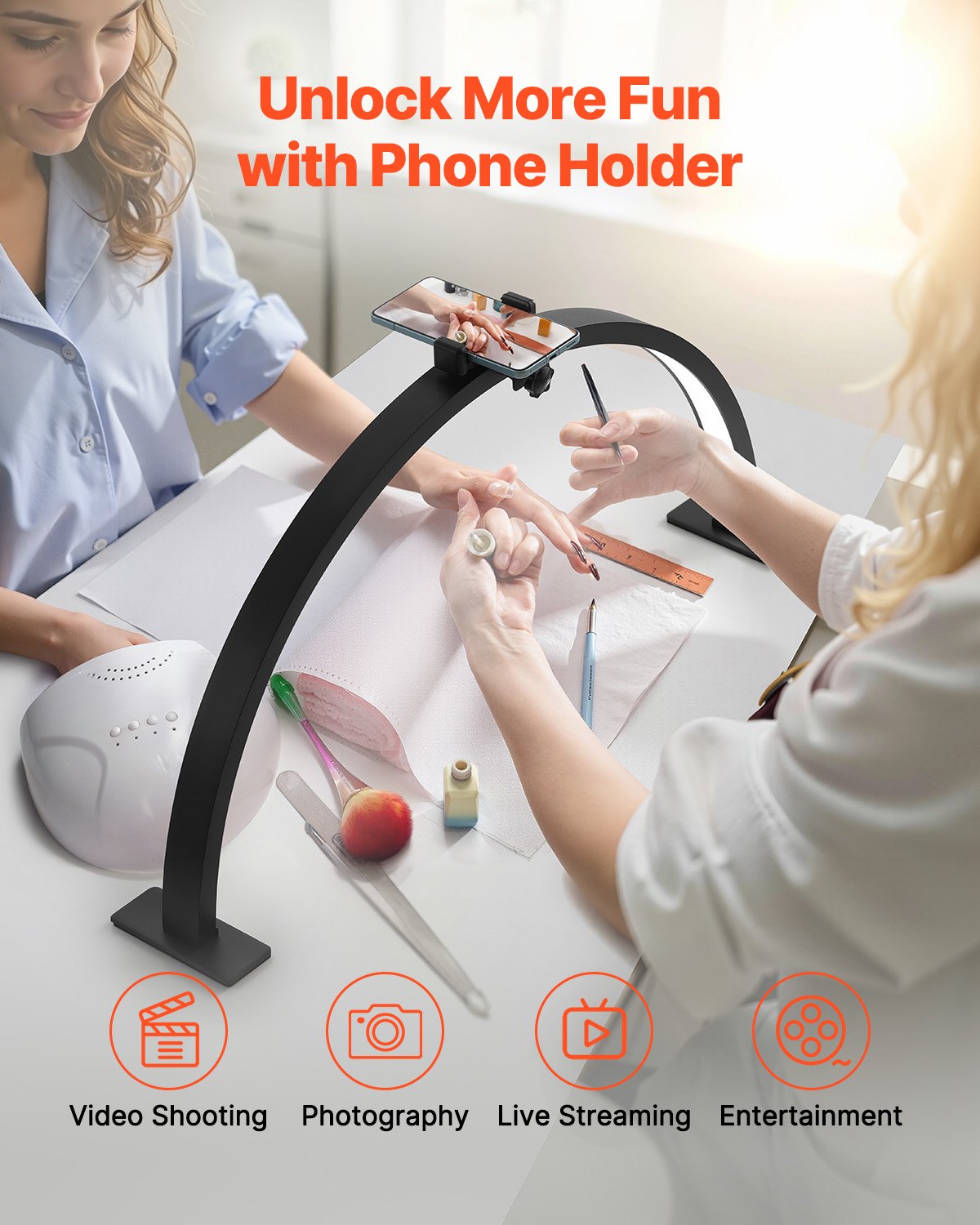 Nail Desk Light 30 W Half Moon Desk Lamp with Phone Holder Adjustable Brightness