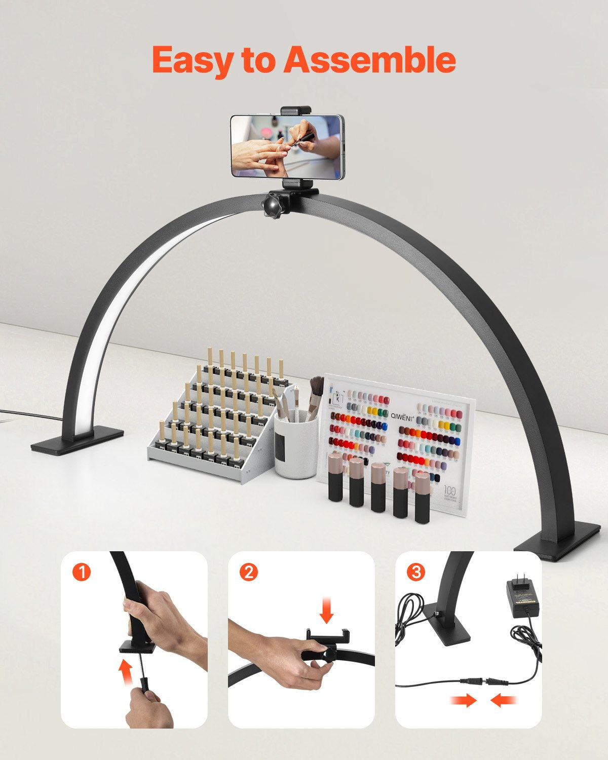 Nail Desk Light 30 W Half Moon Desk Lamp with Phone Holder Adjustable Brightness