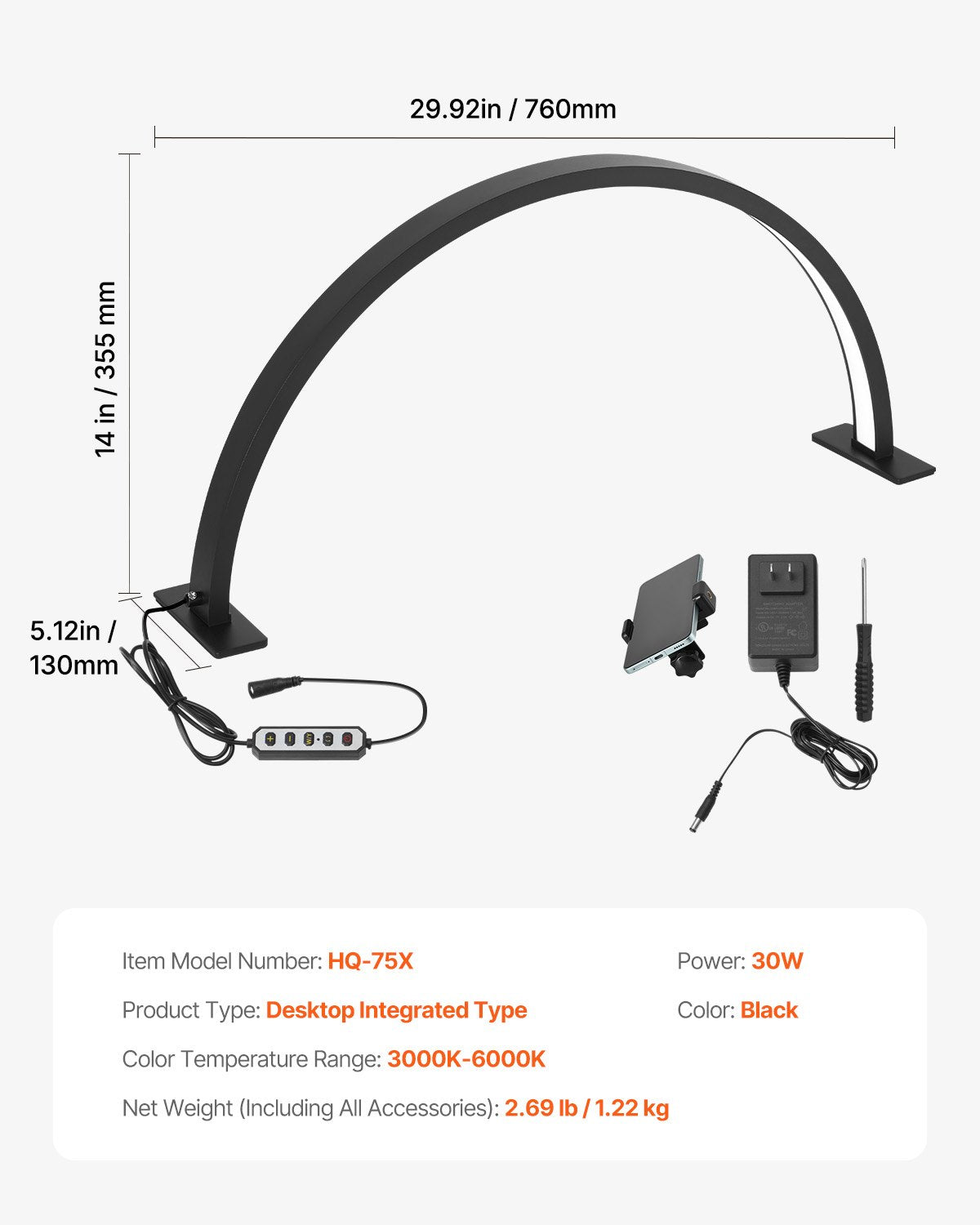 Nail Desk Light 30 W Half Moon Desk Lamp with Phone Holder Adjustable Brightness