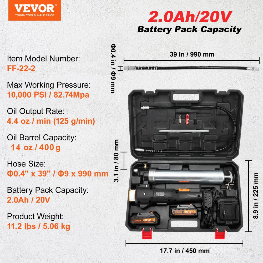 VEVOR Cordless Grease Gun, 20-Volt, 10,000 PSI, 39