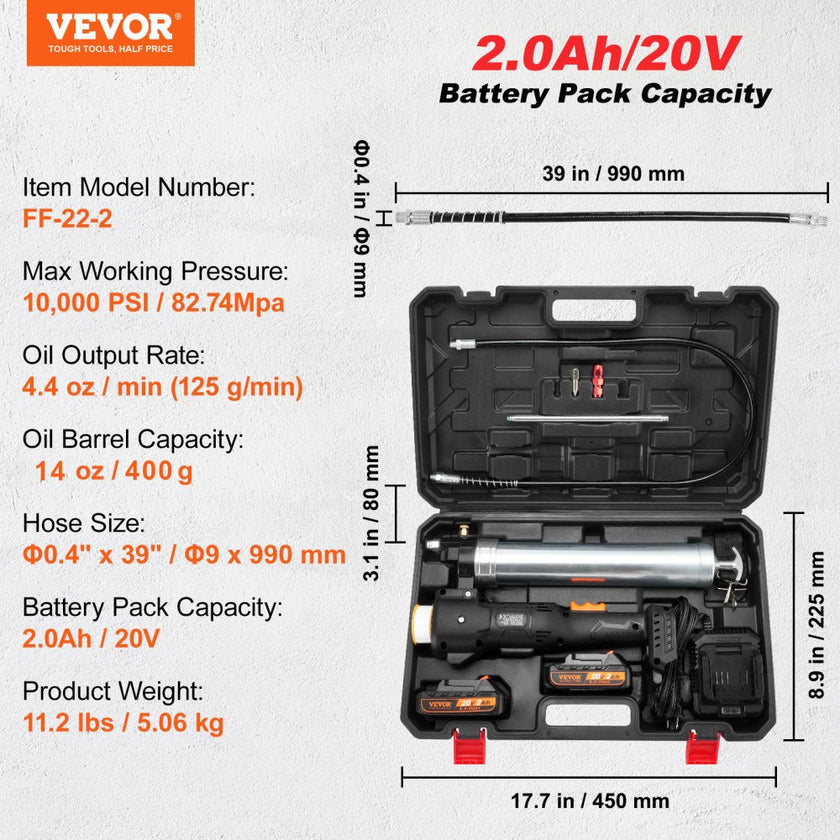 VEVOR Cordless Grease Gun, 20-Volt, 10,000 PSI, 39