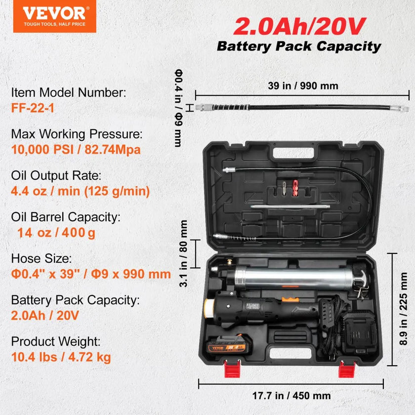 VEVOR Cordless Grease Gun, 20-Volt, 10,000 PSI, 39