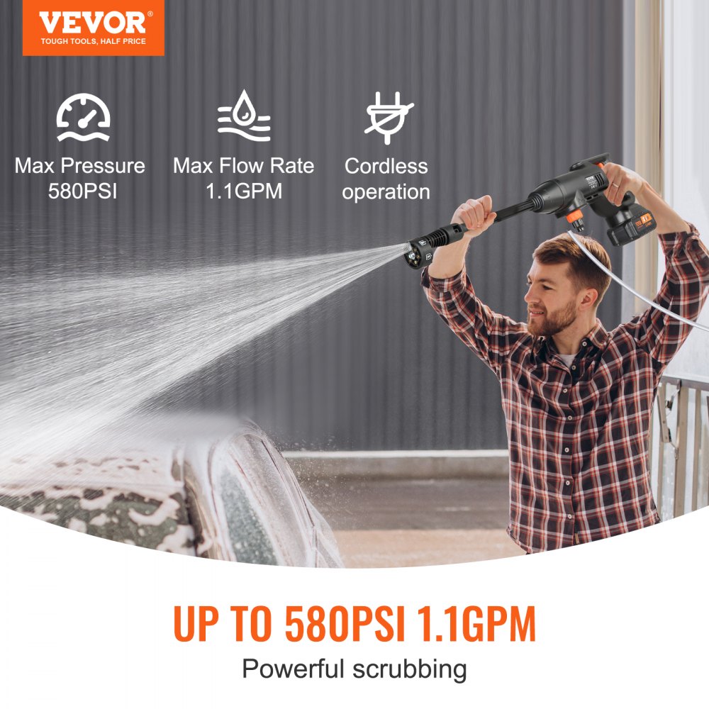 VEVOR Cordless Pressure Washer, 580-PSI 1.1 GPM Portable Power Cleaner, Handheld High-Pressure Car Washer Gun with 4.0Ah Battery, Charger, 6-in-1 Nozzle, for Home/Floor Cleaning & Watering