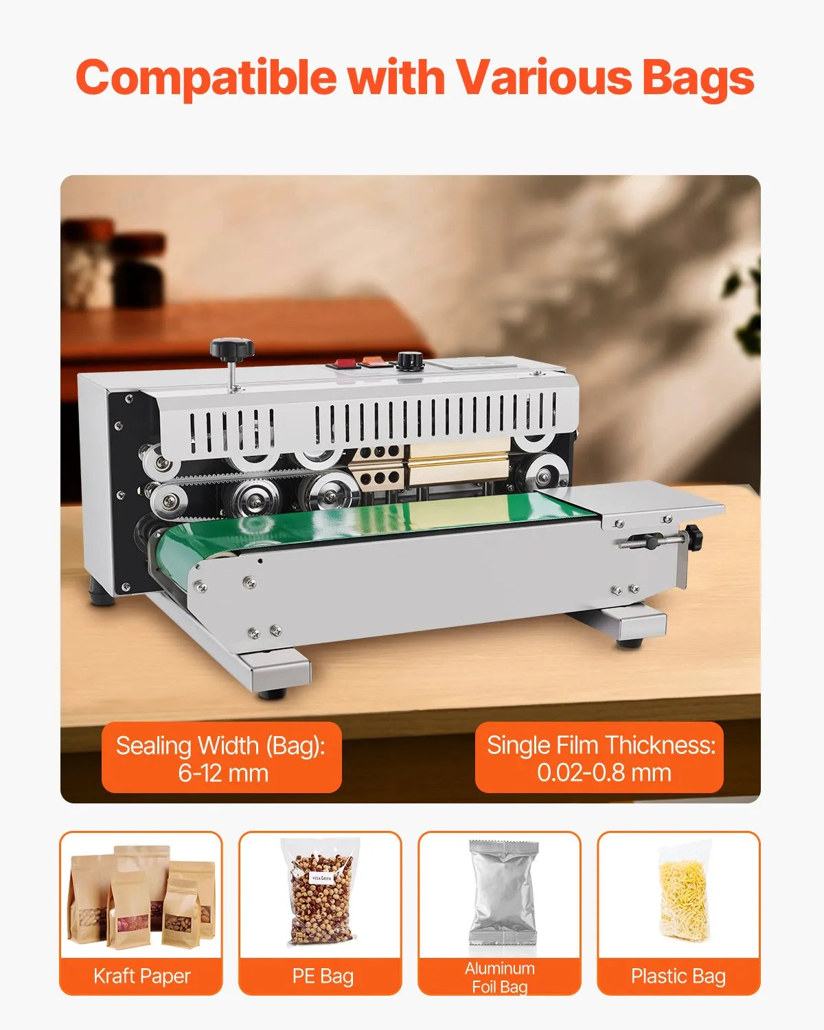 VEVOR Continuous Bag Band Sealing Machine Horizontal Band Sealer Stainless Steel