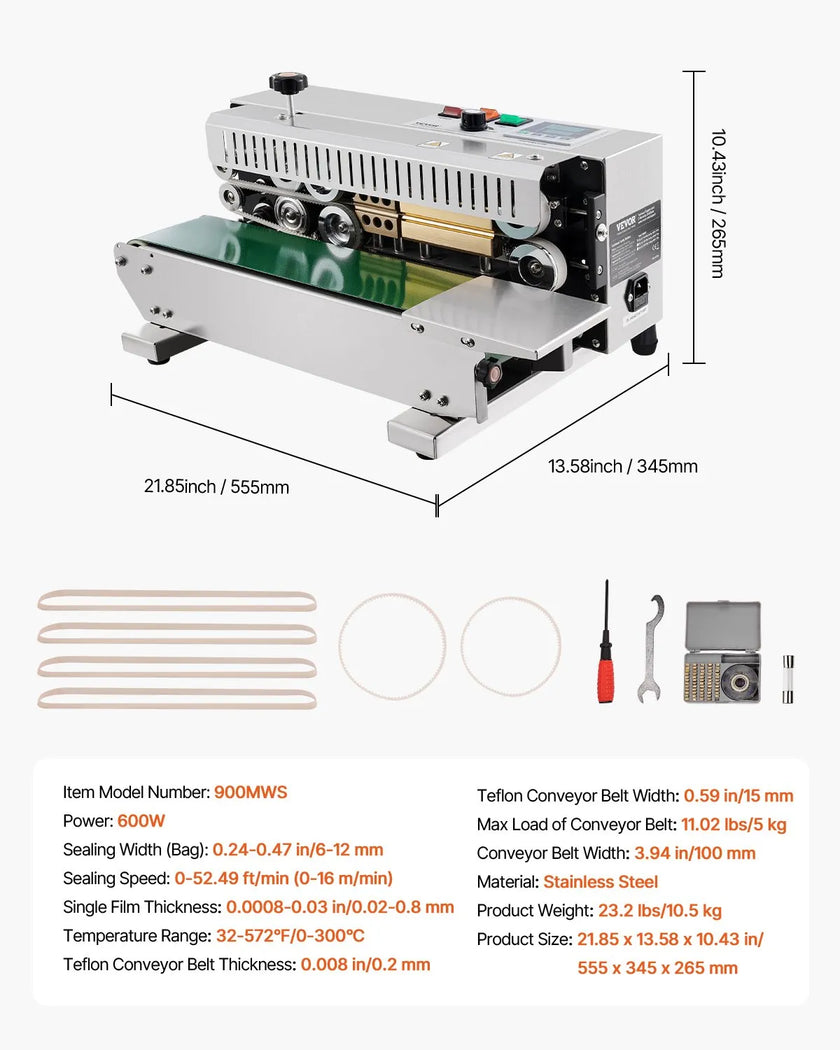 VEVOR Continuous Bag Band Sealing Machine Horizontal Band Sealer Stainless Steel