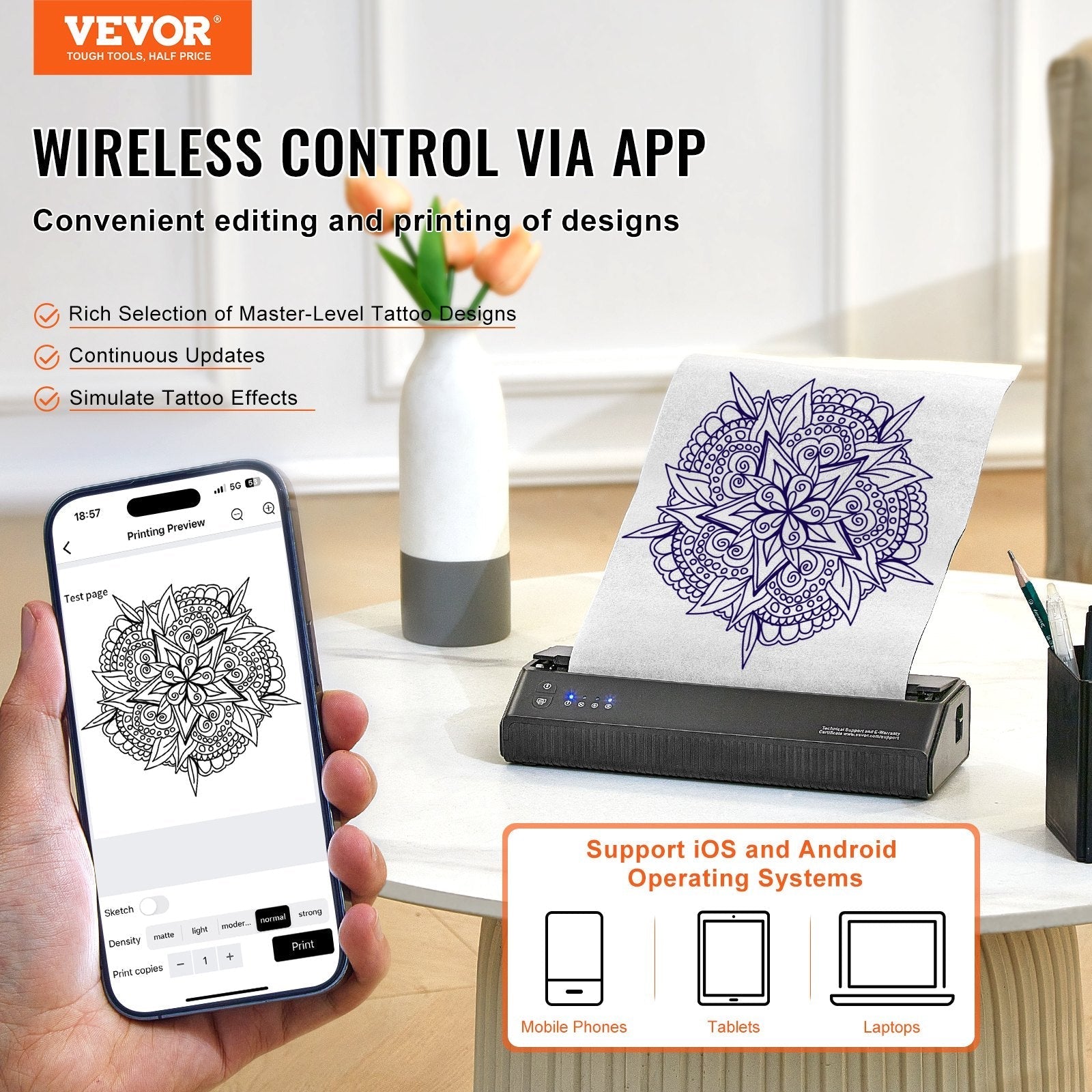 VEVOR Tattoo Transfer Stencil Printer, Wireless Bluetooth Tattoo Stencil Printer Machine with 10Pcs Transfer Paper and Cloth Bag, Portable Tattoo Printer for Android and iOS Phone, iPad and PC