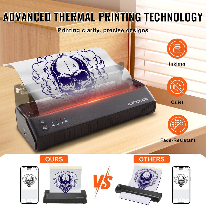 VEVOR Tattoo Transfer Stencil Printer, Wireless Bluetooth Tattoo Stencil Printer Machine with 10Pcs Transfer Paper and Cloth Bag, Portable Tattoo Printer for Android and iOS Phone, iPad and PC