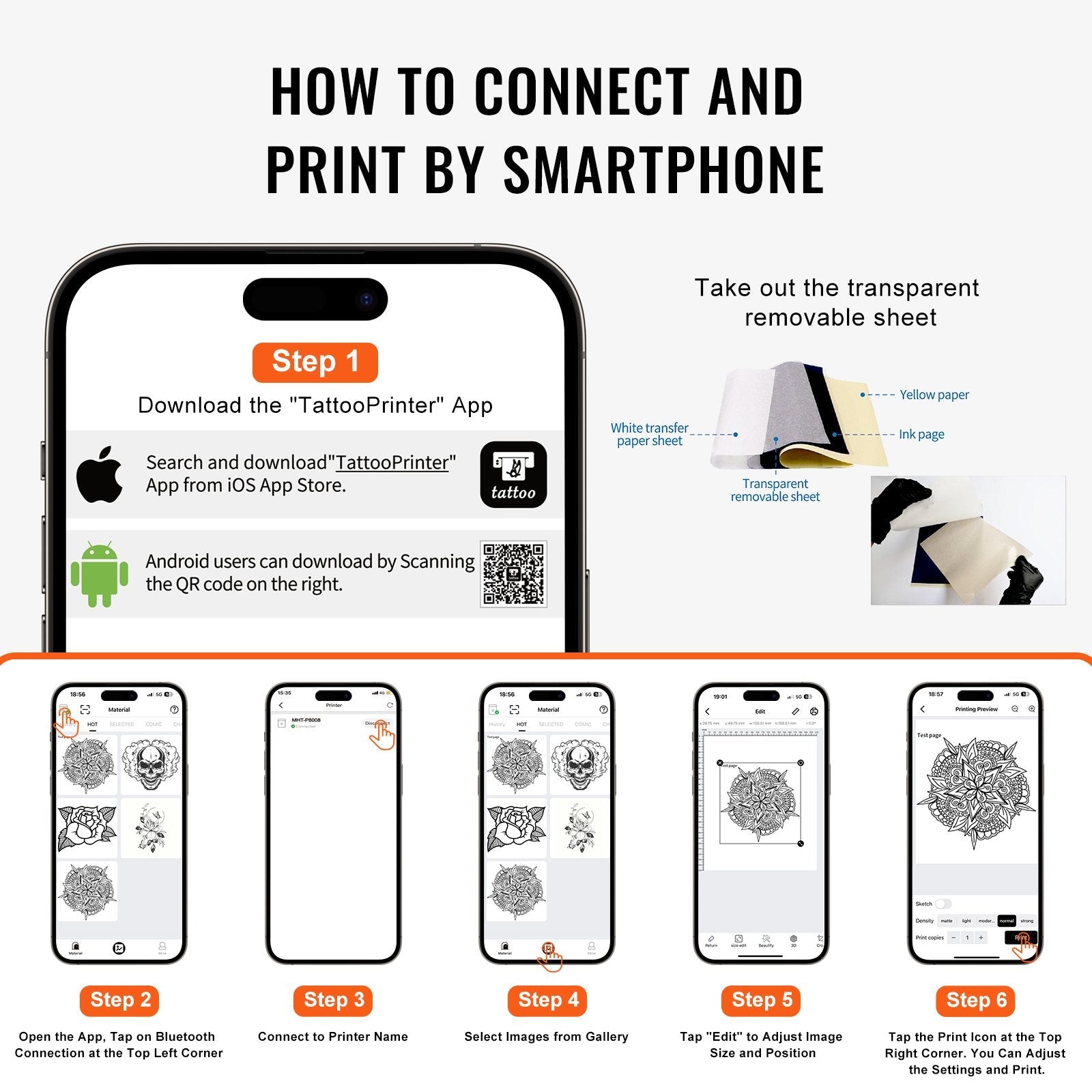 VEVOR Tattoo Transfer Stencil Printer, Wireless Bluetooth Tattoo Stencil Printer Machine with 10Pcs Transfer Paper and Cloth Bag, Portable Tattoo Printer for Android and iOS Phone, iPad and PC