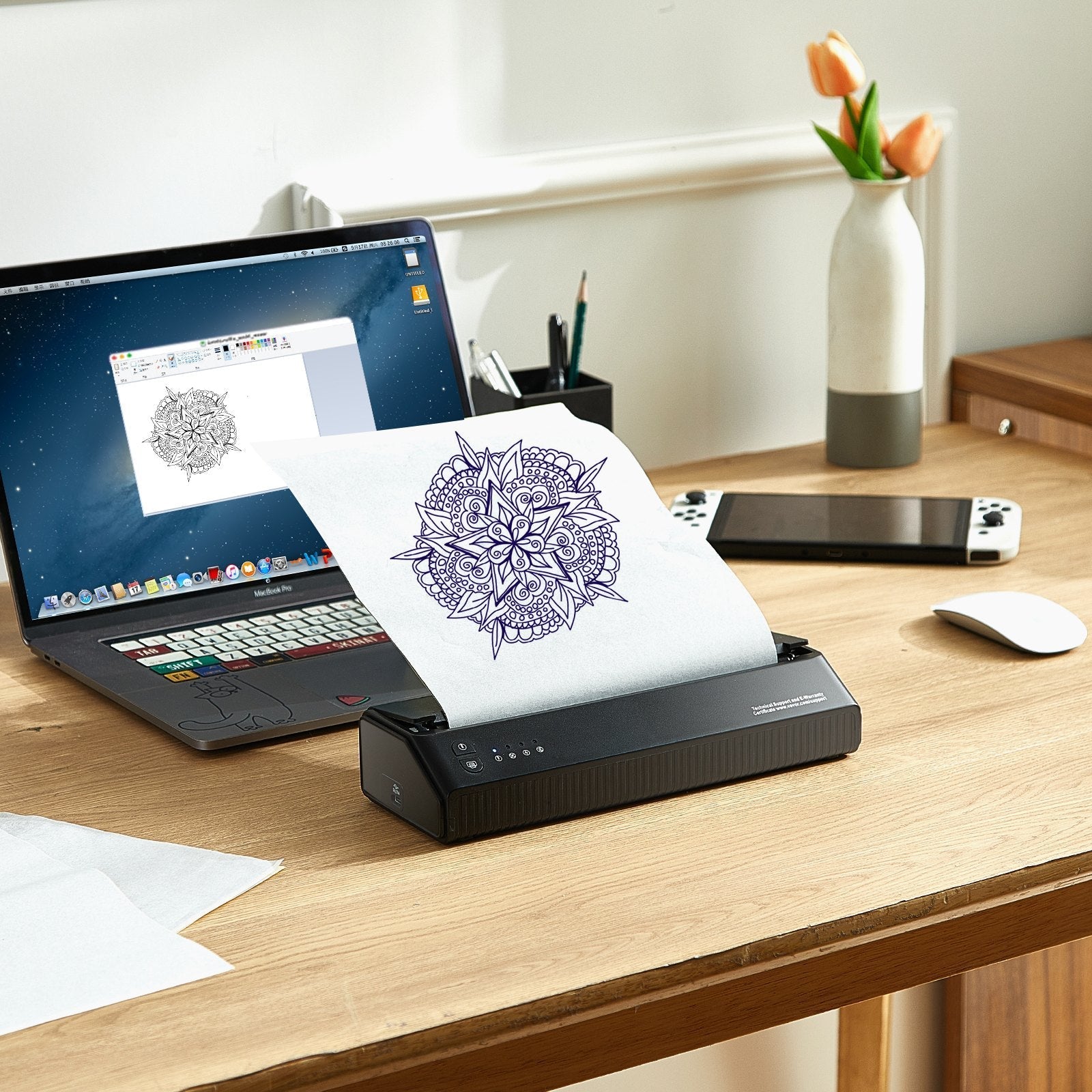 VEVOR Tattoo Transfer Stencil Printer, Wireless Bluetooth Tattoo Stencil Printer Machine with 10Pcs Transfer Paper and Cloth Bag, Portable Tattoo Printer for Android and iOS Phone, iPad and PC