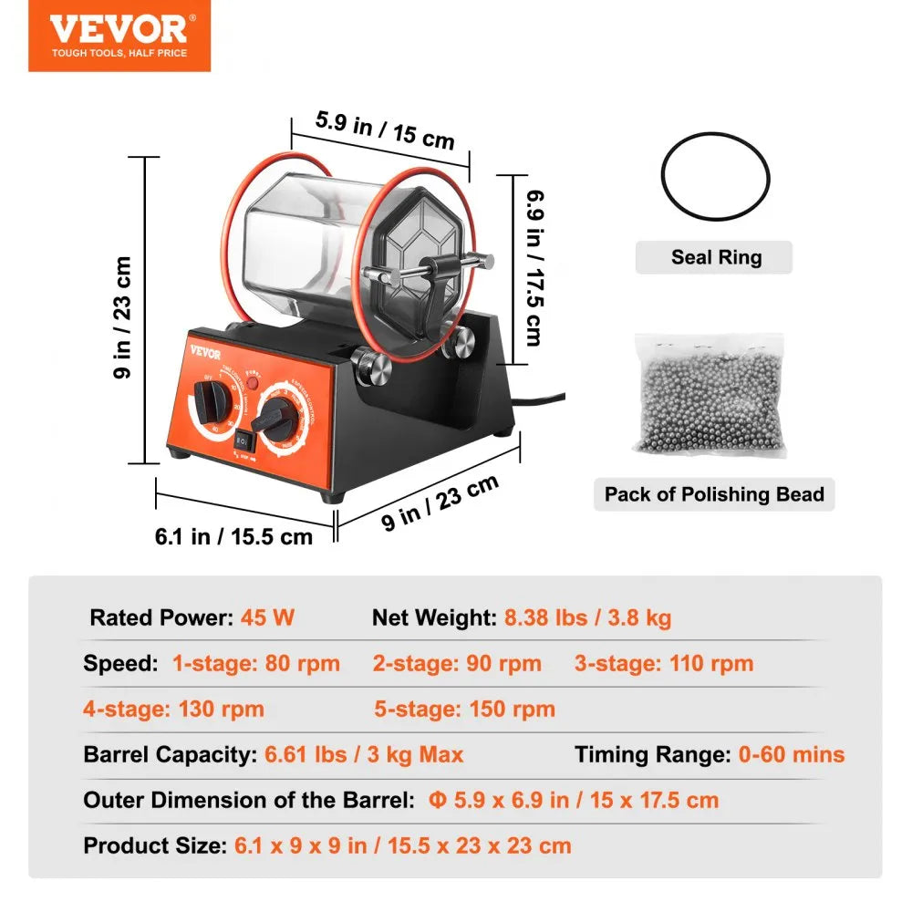 VEVOR Jewelry Polisher Tumbler, 6.6lbs/3kg Capacity Mini Rotary Tumbler Machine with 0-60 Minutes Timer, 5 Speeds Jewelry Rotary Finisher for Surface Polishing Grinding Buffing Gemstones Jewels Coins