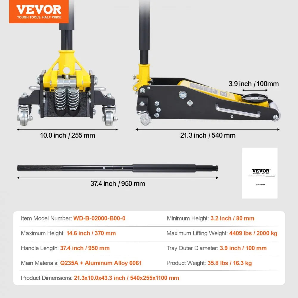 VEVOR Low Profile Floor Jack 2 Ton Heavy Duty Dual Piston Rapid Pump