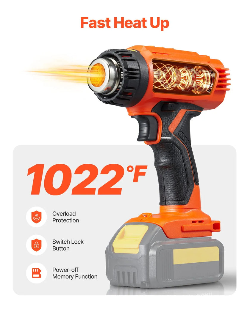 VEVOR Cordless Heat Gun Hot Air Gun with LCD Display Multi-Level Temp & 4 Nozzle