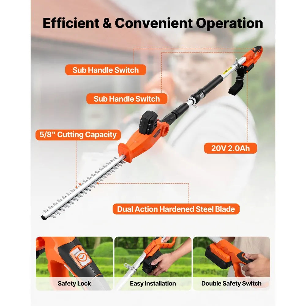 Cordless Pole Hedge Trimmer, 20V Electric Telescoping Hedge Trimmer Kit with 18
