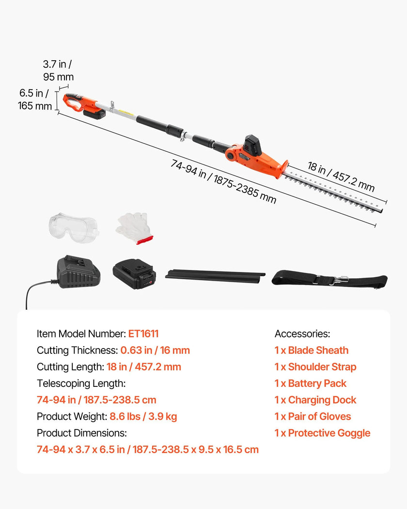 Cordless Pole Hedge Trimmer, 20V Electric Telescoping Hedge Trimmer Kit with 18