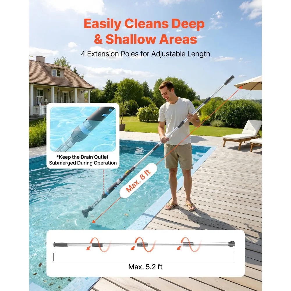 Handheld Cordless Pool & Spa Vacuum – 8.5 GPM, Rechargeable, with Extension Poles & Brush Heads