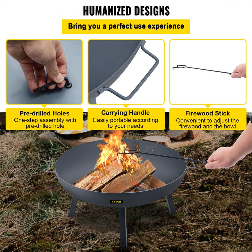 VEVOR Fire Pit Bowl, 34-Inch Deep Round Carbon Steel Fire Bowl, Wood Burning for Outdoor Patios, Backyards & Camping Uses, Portable Handles and A Firewood Stick, Black