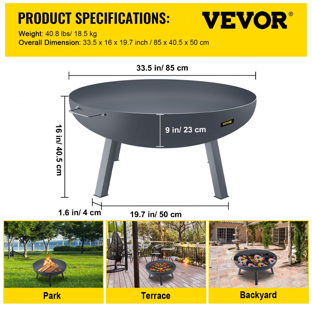 VEVOR Fire Pit Bowl, 34-Inch Deep Round Carbon Steel Fire Bowl, Wood Burning for Outdoor Patios, Backyards & Camping Uses, Portable Handles and A Firewood Stick, Black
