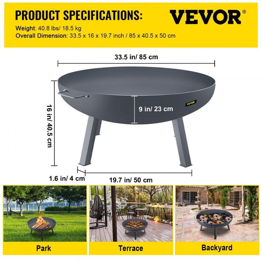 VEVOR Fire Pit Bowl, 34-Inch Deep Round Carbon Steel Fire Bowl, Wood Burning for Outdoor Patios, Backyards & Camping Uses, Portable Handles and A Firewood Stick, Black