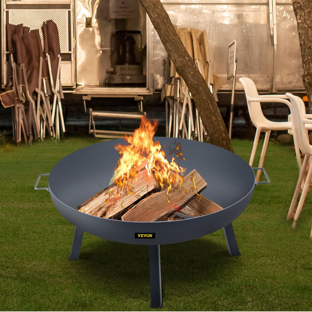 VEVOR Fire Pit Bowl, 34-Inch Deep Round Carbon Steel Fire Bowl, Wood Burning for Outdoor Patios, Backyards & Camping Uses, Portable Handles and A Firewood Stick, Black
