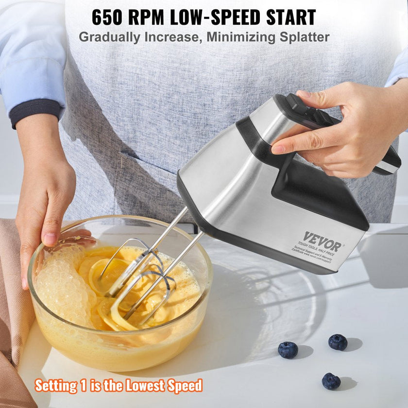 VEVOR Cordless Electric Hand Mixer, 250W, Continuously Variable Electric Handheld Mixer, with Turbo Boost Beaters Dough Hooks Storage Bag, Baking Supplies for Whipping Mixing Egg Cookie Cake Cream