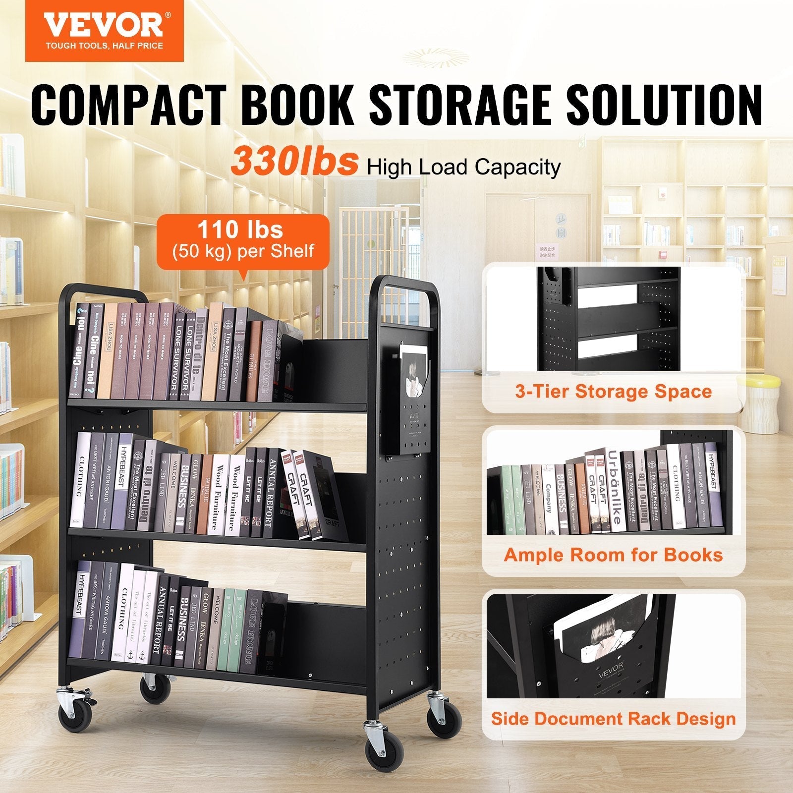 VEVOR Book Cart, 330 lbs Library Cart, 39.4
