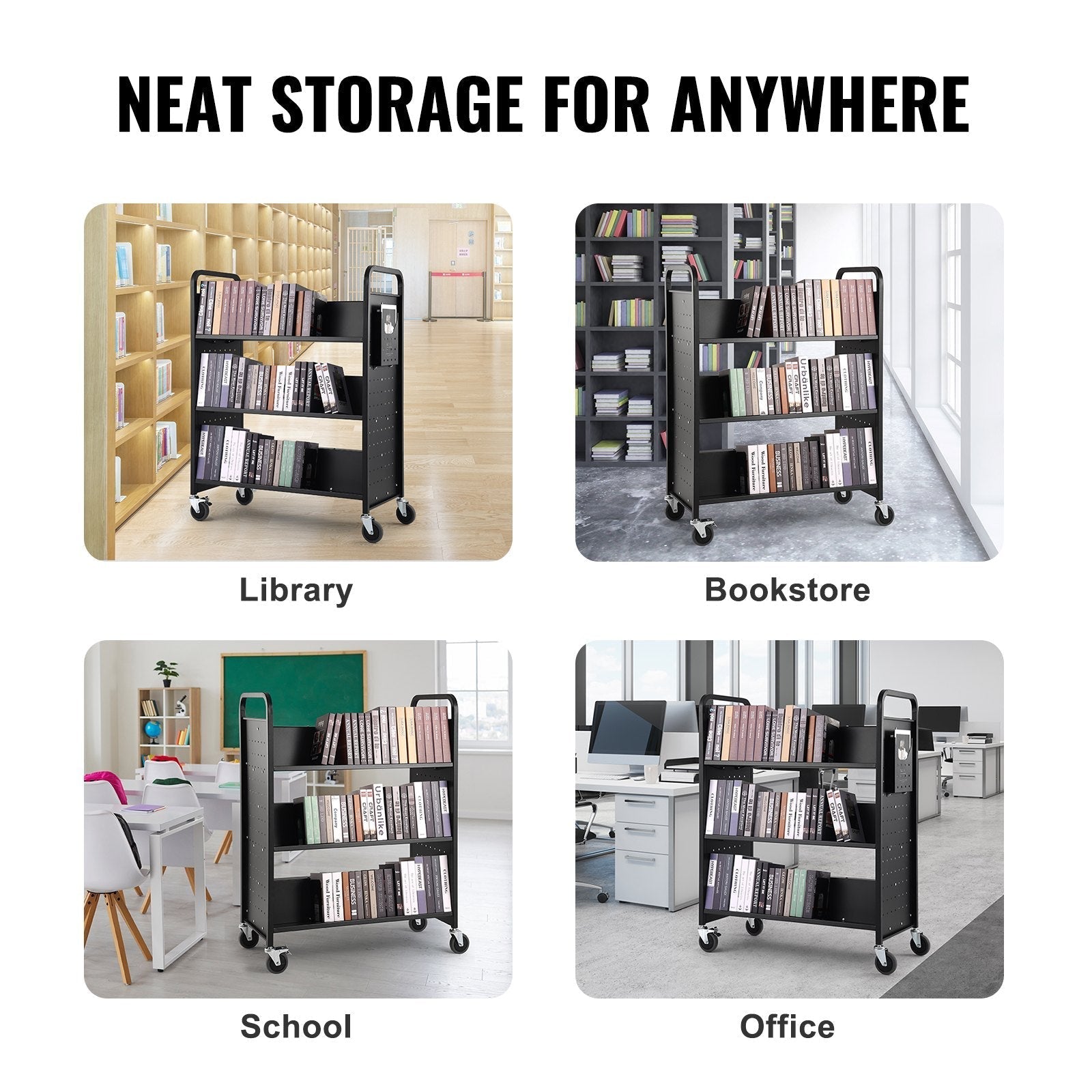 VEVOR Book Cart, 330 lbs Library Cart, 39.4