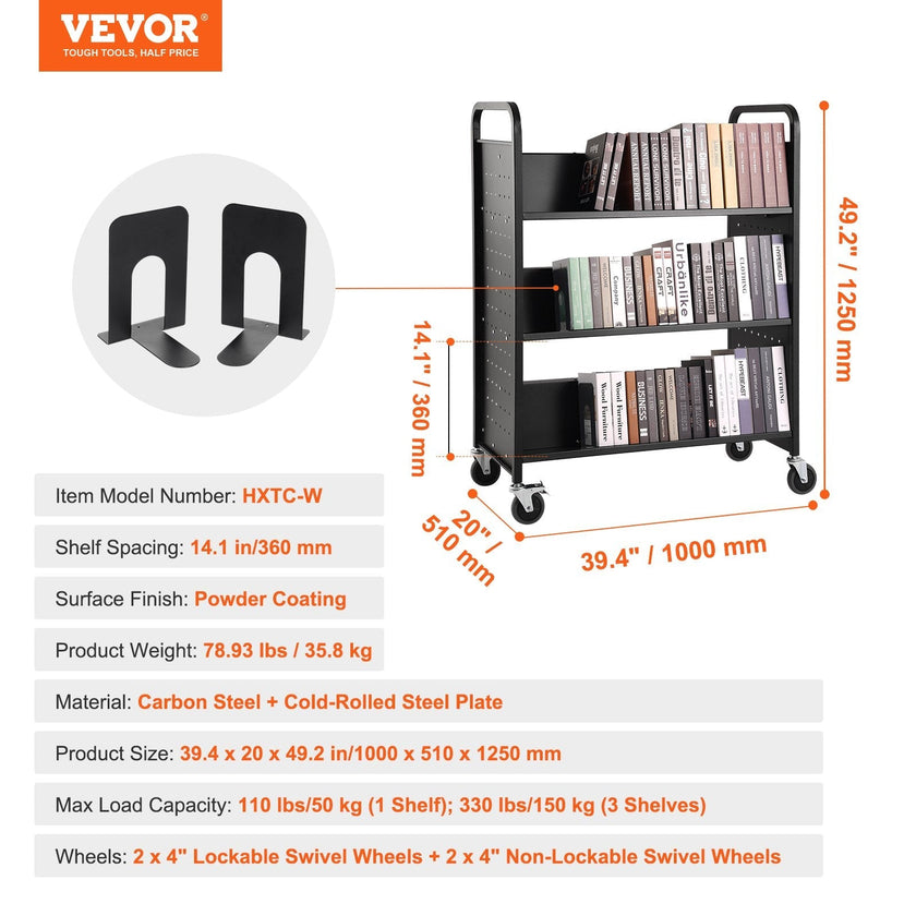 VEVOR Book Cart, 330 lbs Library Cart, 39.4