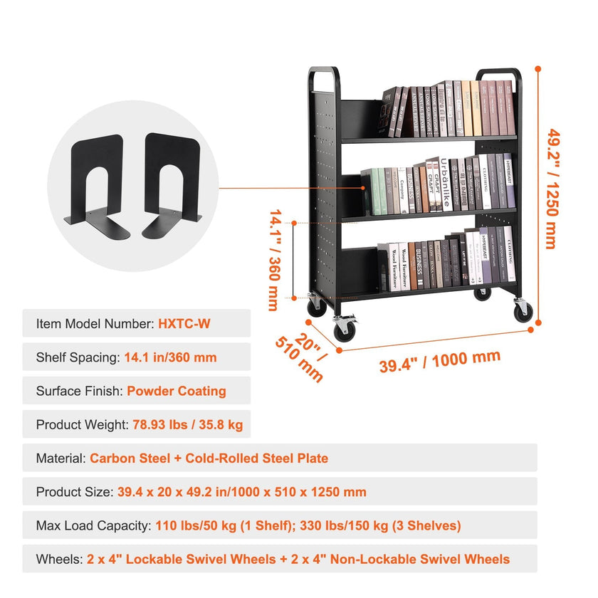 VEVOR Book Cart, 330 lbs Library Cart, 39.4