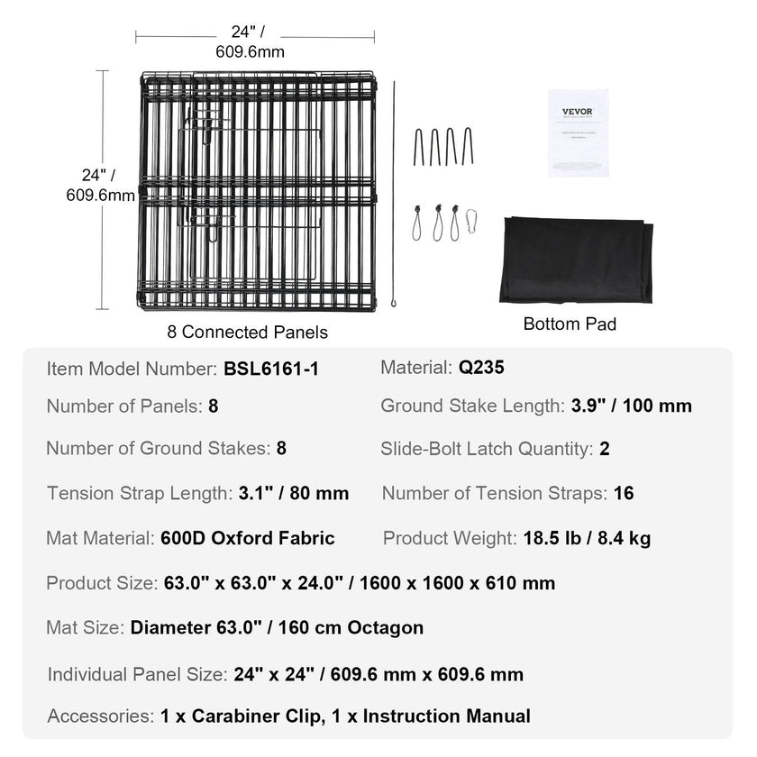 VEVOR Dog Playpen, 8 Panels Foldable Metal Dog Exercise Pen with Bottom Pad, 24