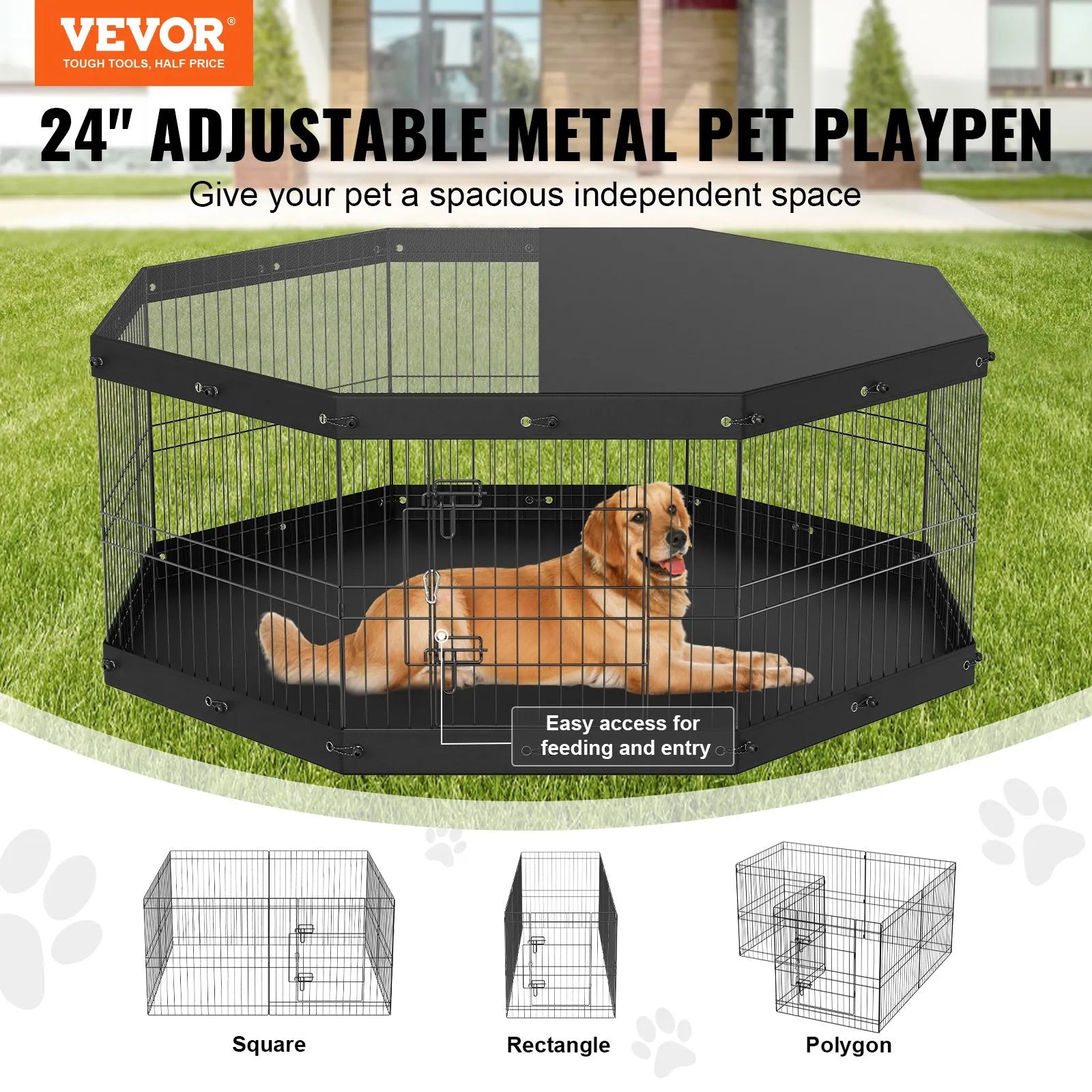 VEVOR Dog Playpen, 8 Panels Foldable Metal Dog Exercise Pen with Top Cover and Bottom Pad, 24