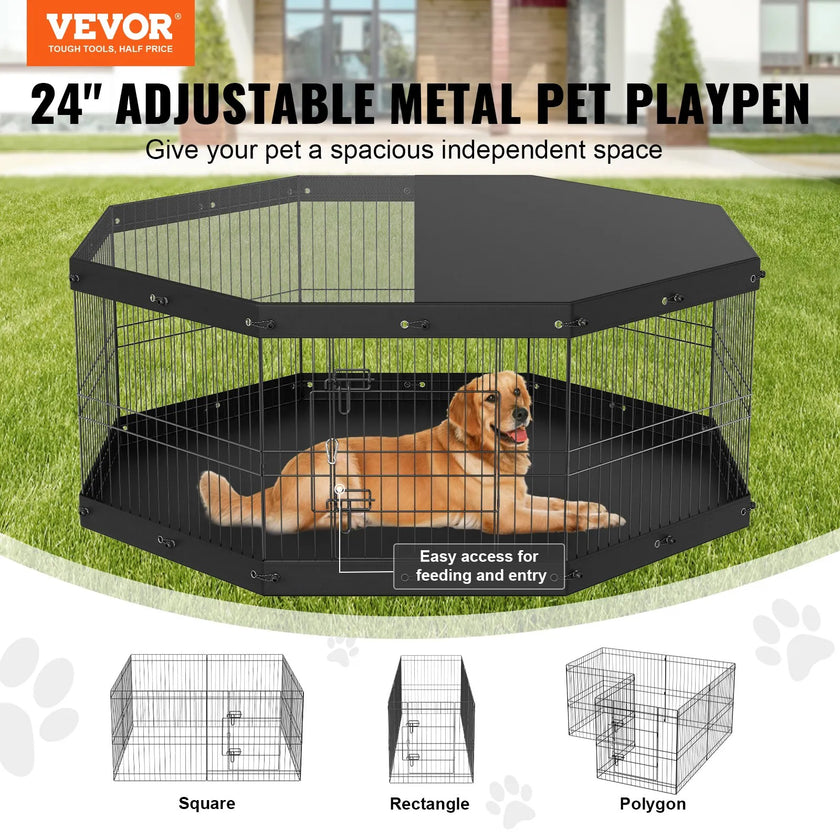 VEVOR Dog Playpen, 8 Panels Foldable Metal Dog Exercise Pen with Top Cover and Bottom Pad, 24