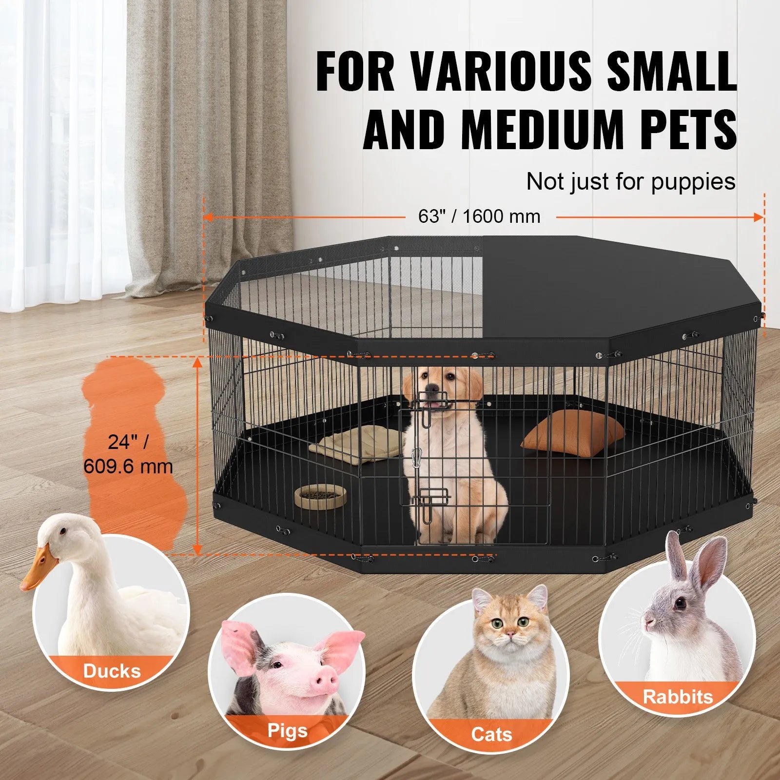 VEVOR Dog Playpen, 8 Panels Foldable Metal Dog Exercise Pen with Top Cover and Bottom Pad, 24