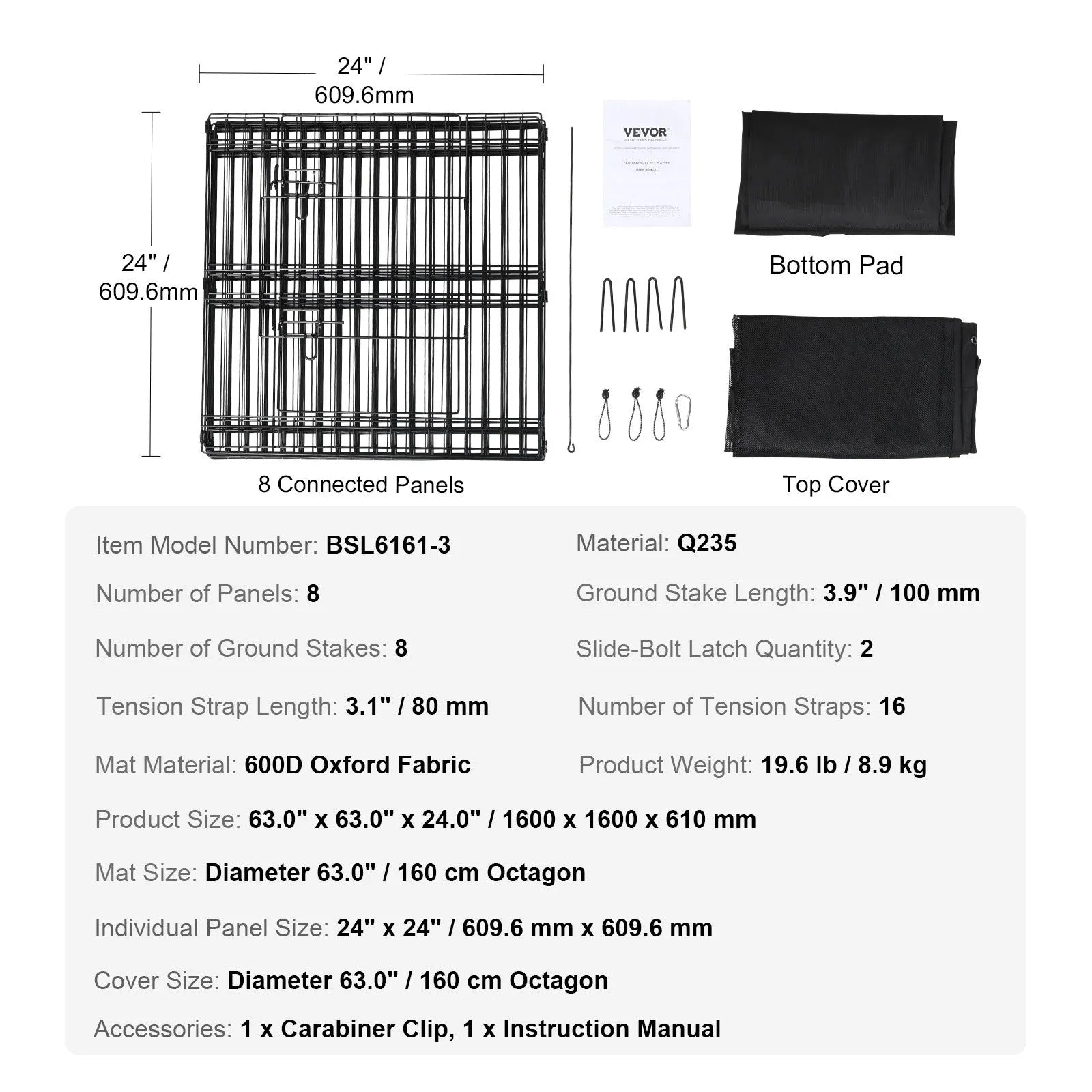 VEVOR Dog Playpen, 8 Panels Foldable Metal Dog Exercise Pen with Top Cover and Bottom Pad, 24