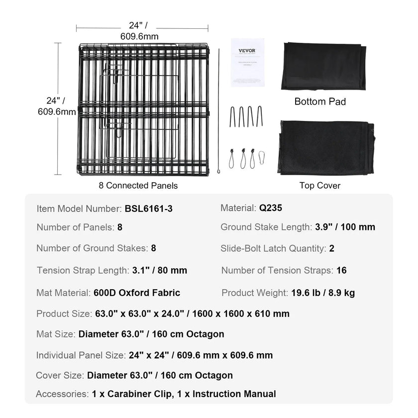 VEVOR Dog Playpen, 8 Panels Foldable Metal Dog Exercise Pen with Top Cover and Bottom Pad, 24