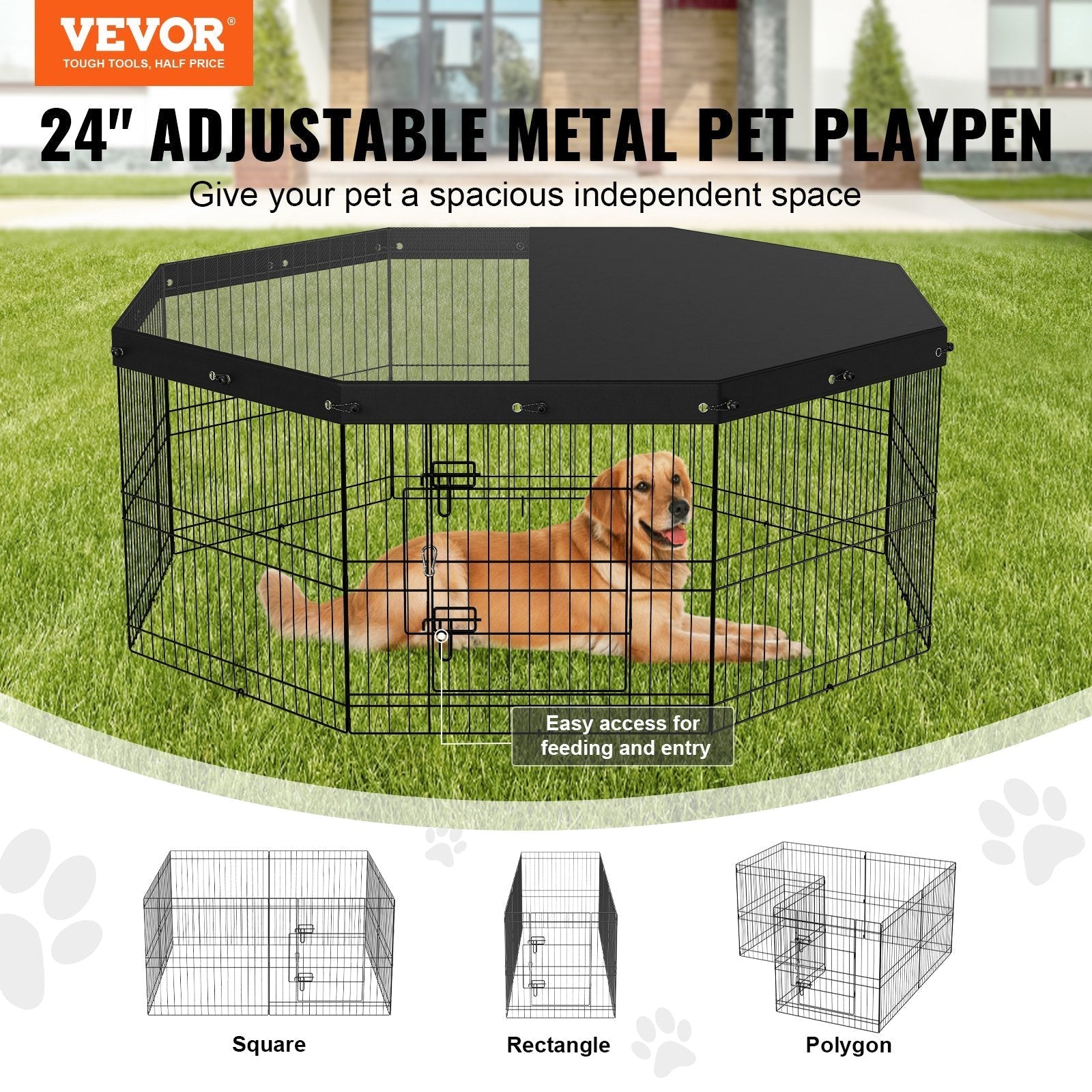VEVOR Dog Playpen, 8 Panels Foldable Metal Dog Exercise Pen with Top Cover, 24