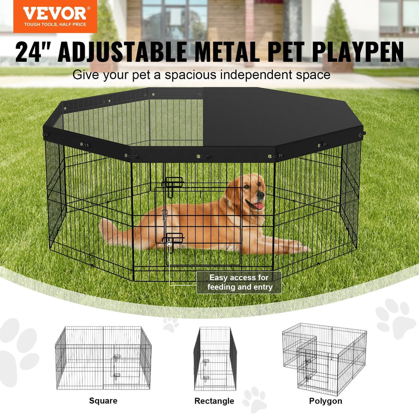 VEVOR Dog Playpen, 8 Panels Foldable Metal Dog Exercise Pen with Top Cover, 24