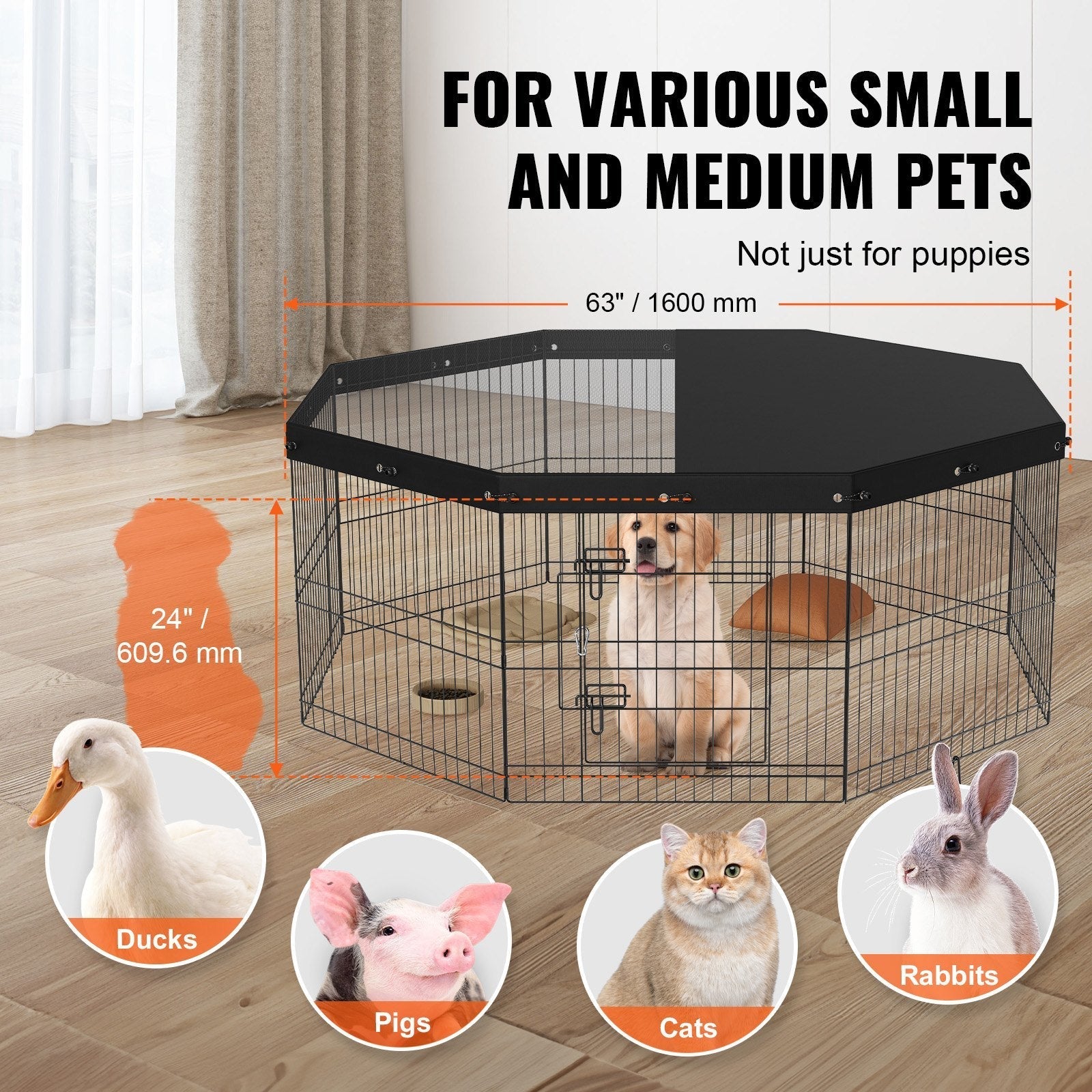 VEVOR Dog Playpen, 8 Panels Foldable Metal Dog Exercise Pen with Top Cover, 24
