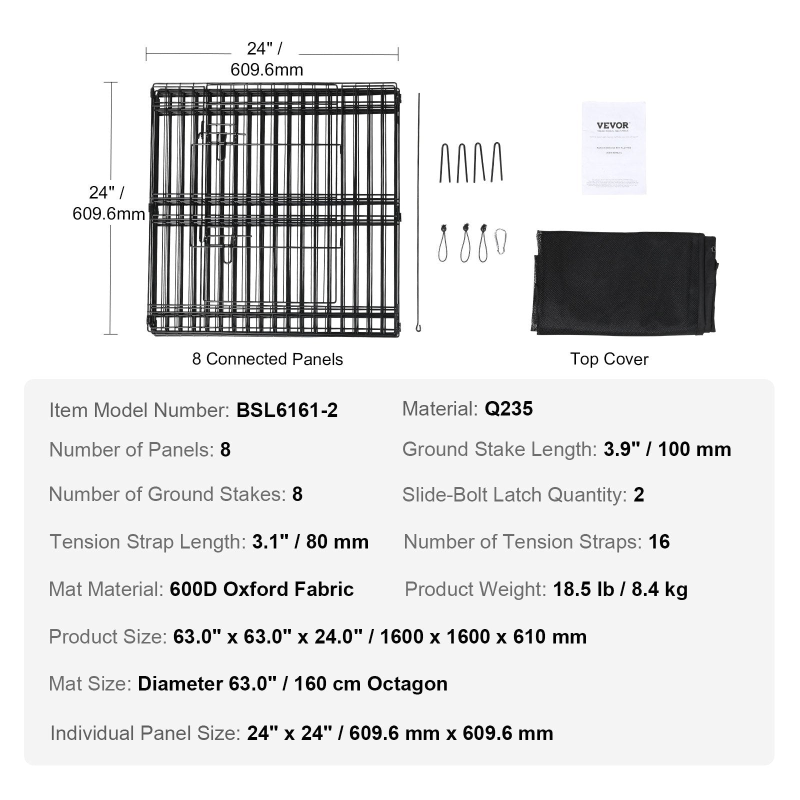 VEVOR Dog Playpen, 8 Panels Foldable Metal Dog Exercise Pen with Top Cover, 24