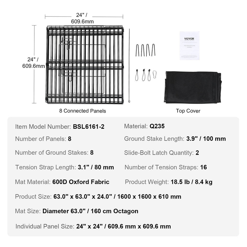 VEVOR Dog Playpen, 8 Panels Foldable Metal Dog Exercise Pen with Top Cover, 24