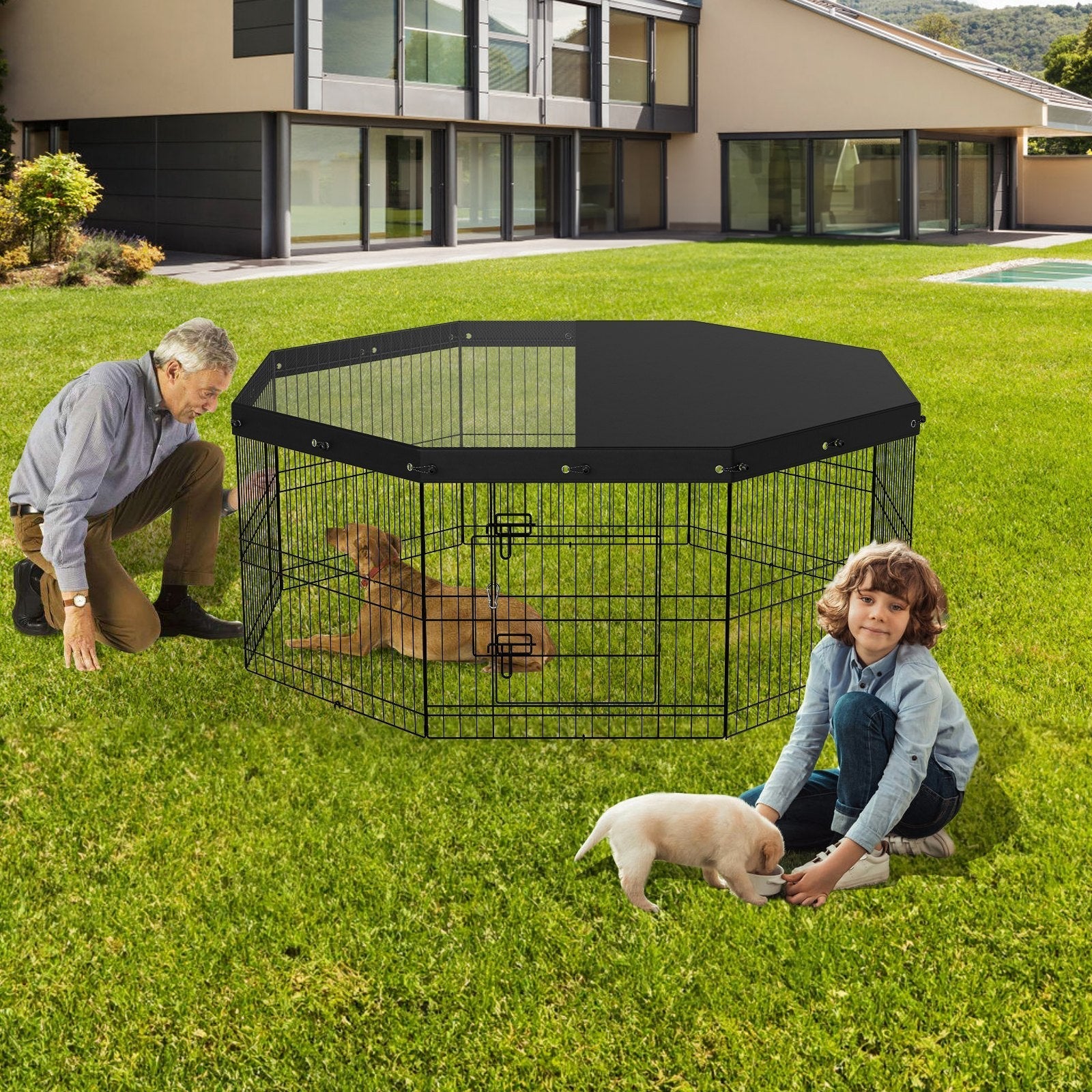 VEVOR Dog Playpen, 8 Panels Foldable Metal Dog Exercise Pen with Top Cover, 24