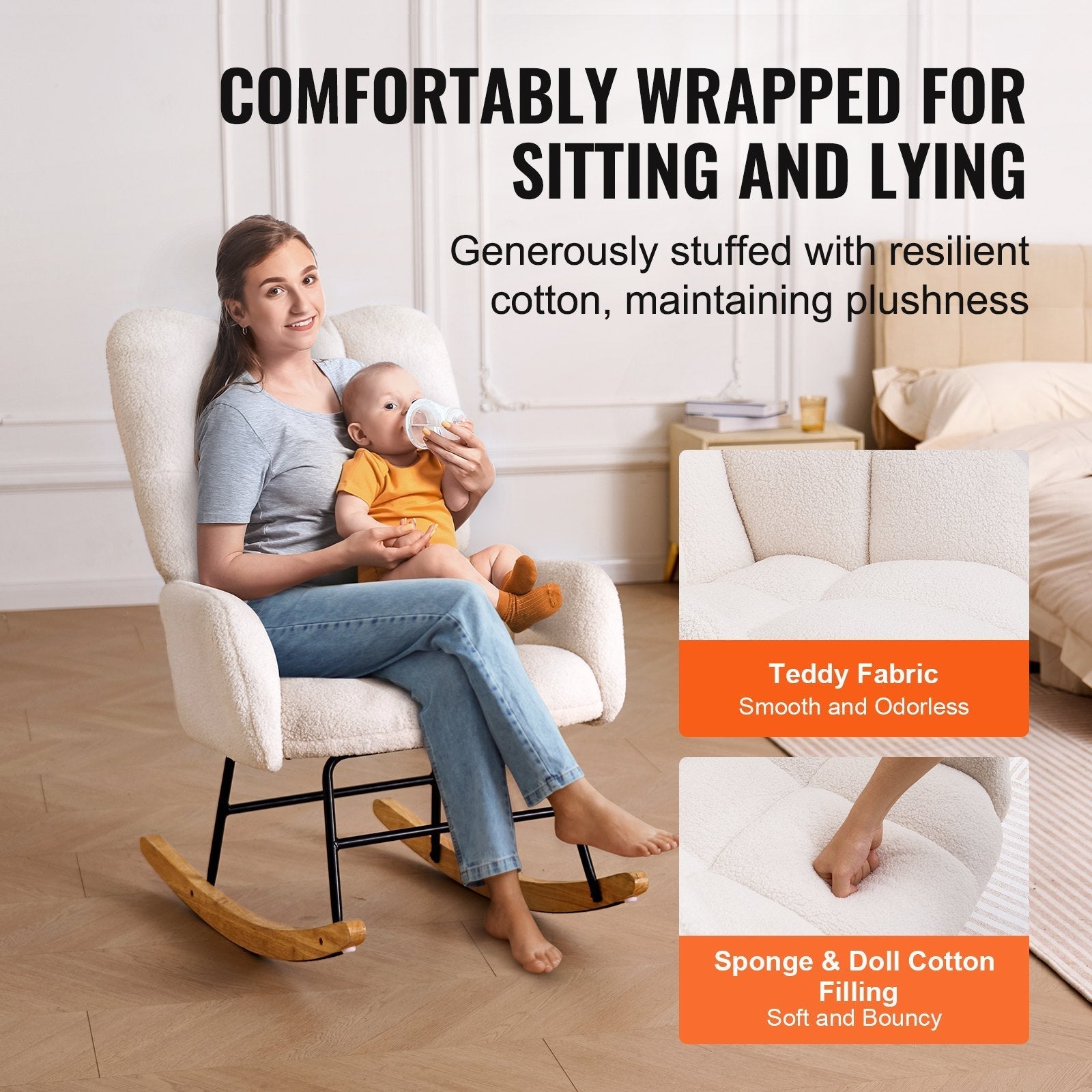 VEVOR Nursery Rocking Chair, 250 lbs Weight Capacity Teddy Fabric Upholstered Glider Rocker Chair with Soft Seat and High Backrest, Nursing Chair for Nursery, Bedroom, Living Room, Ivory White
