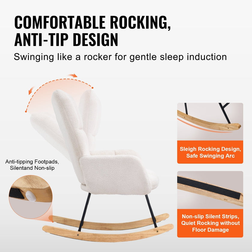 VEVOR Nursery Rocking Chair, 250 lbs Weight Capacity Teddy Fabric Upholstered Glider Rocker Chair with Soft Seat and High Backrest, Nursing Chair for Nursery, Bedroom, Living Room, Ivory White