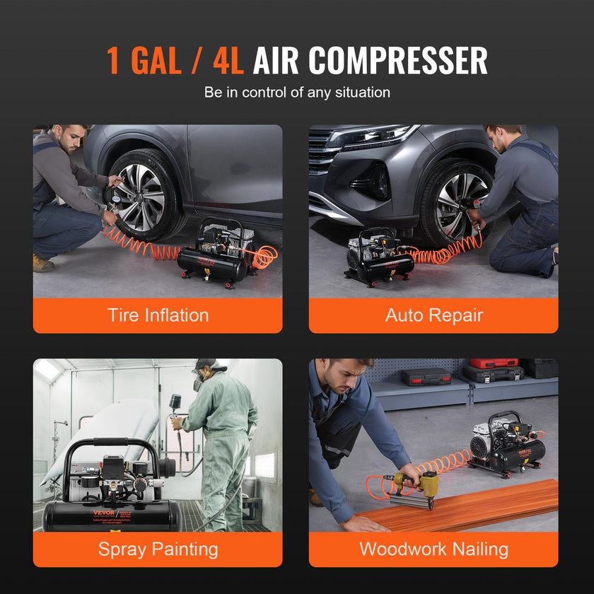 VEVOR Air Compressor Compact Portable Oil Free Compressor 1 Gallon 90PSI